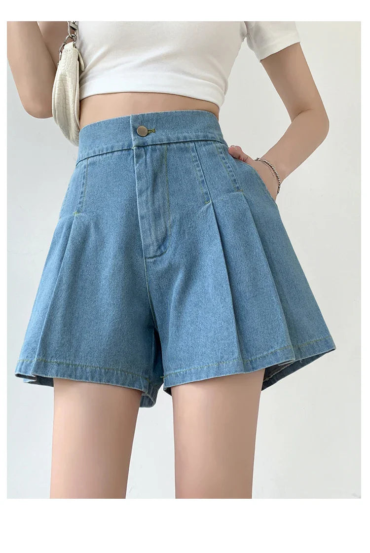 DFRCAEG 2024 Summer Plus Size Denim Shorts For Women High Elastic Waist Blue Or Sky Blue Pleated Mini Large Size Short Femme