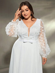 Mgiacy plus size V-neck three-dimensional embroidery chiffon train wedding dress