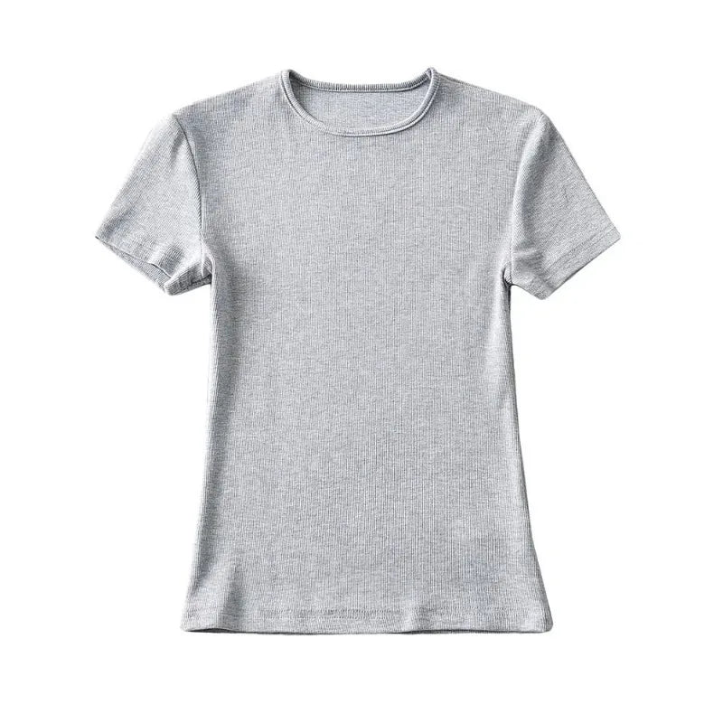 Casual Summer Woman Skinny Fit T-shirt Tight Short-Sleeve O-neck Tee Basic Solid Crop Tops T Shirt
