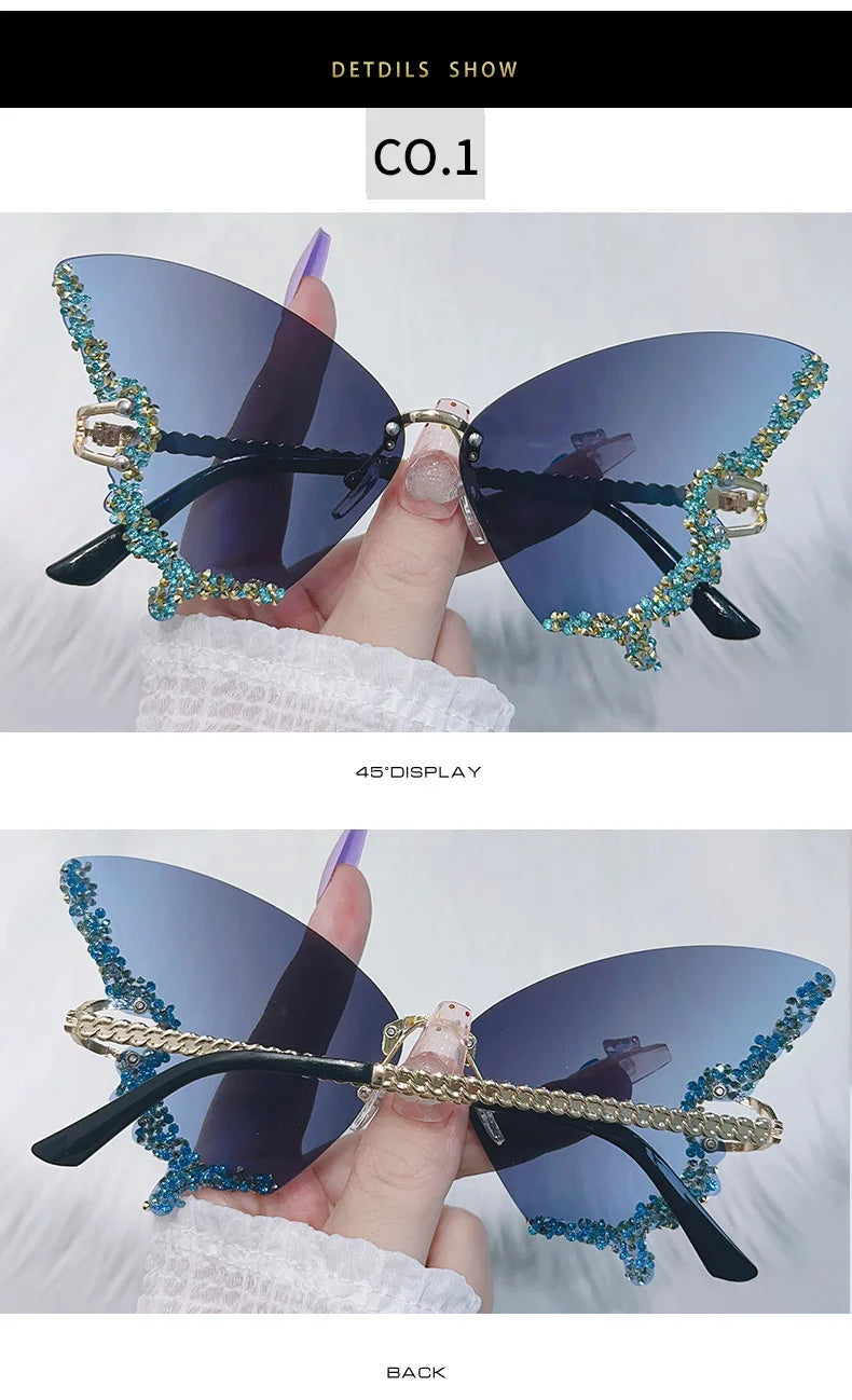 Luxury Party Sunglasses Women Butterfly Diamond Rhinestones Personality Flash Shades Tint Color Travel Blogger Glasses