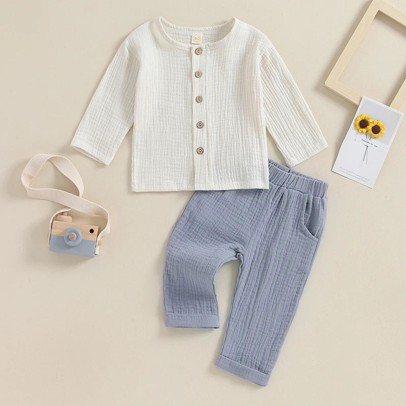 VISgogo 2pcs Kids Baby Boys Outfit Button Down Long Sleeve T-shirt with Solid Color Long Pants Linen Spring Fall Outfit