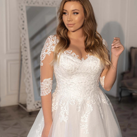 Vintage Lace Wedding Dresses Plus Size Elegant Bridal Dress 3/4 Sleeves