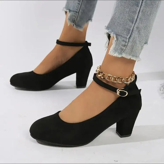 Women's Fashion Pumps Sweet Woman Thick High Heels Ankle Strap Flock