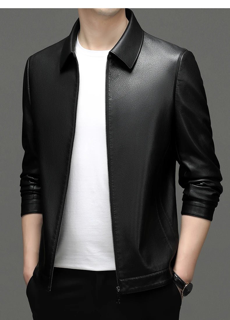 Spring and Autumn Men's Genuine Leather Polo Mock Neck Jacket Fashion