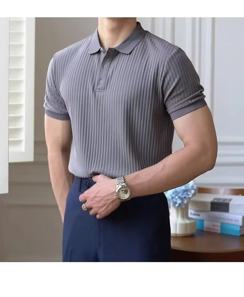 Vertical Stripe Knit Polo Men's Shirts Summer New Slim Solid Color Breathable Turn-Down Collar Business Short Sleeve Polo Tops