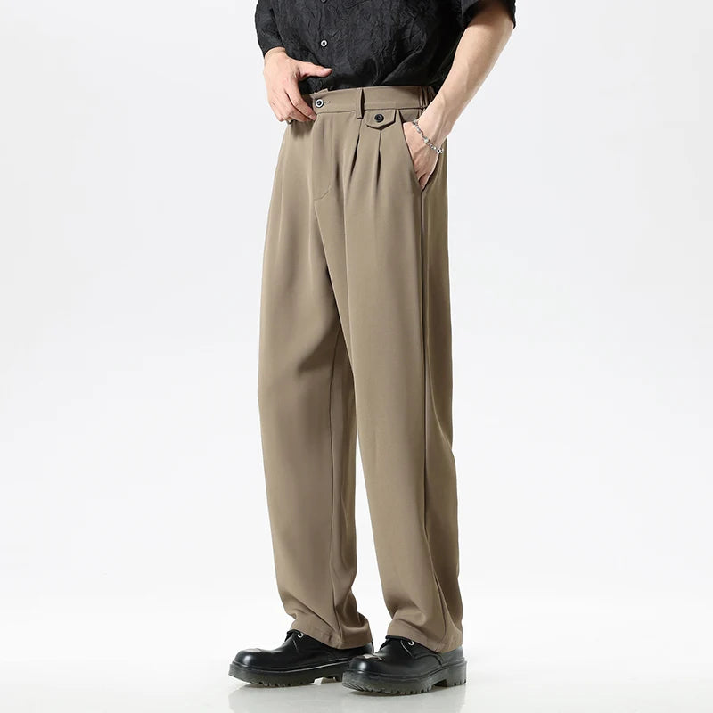 Men's Casual Loose Straight Suit Pants Button Elastic Waist Korea Leisure