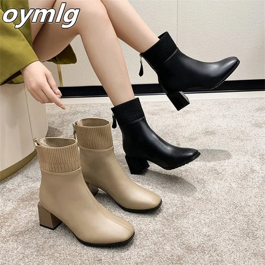 High Heel Women's Short Boots Simple Splicing Square Head Thick Heel