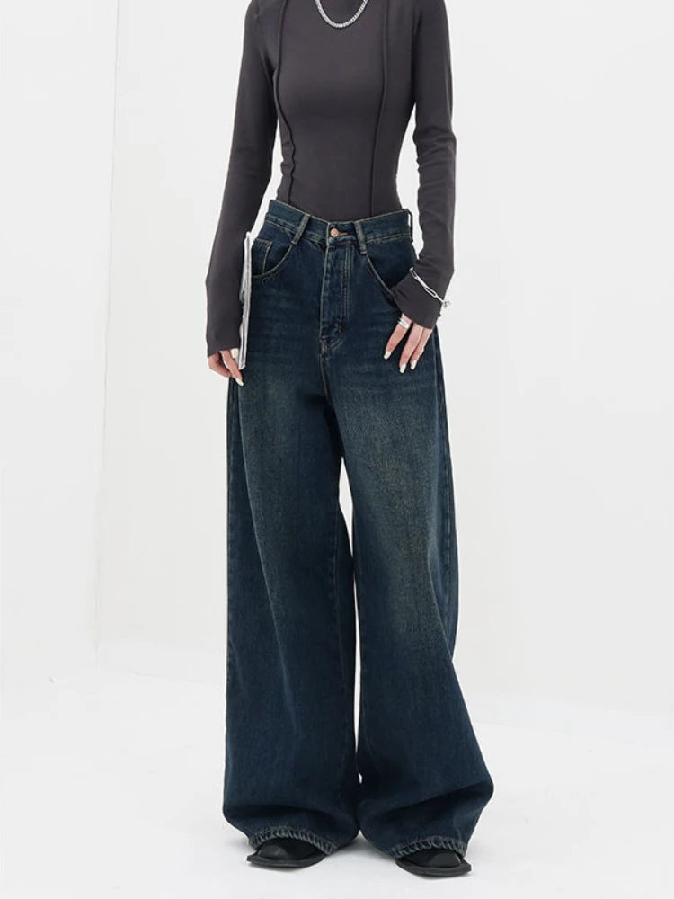 Y2K High Waist Retro Blue Dark Straight Jeans Female Original Korean