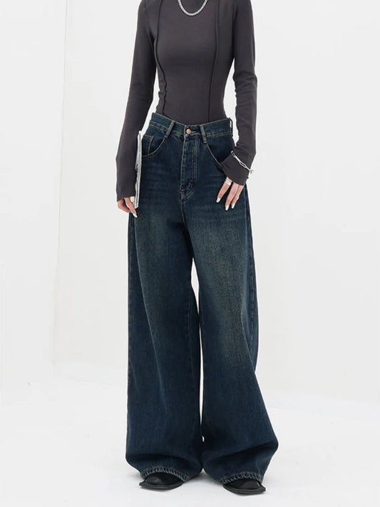 Y2K High Waist Retro Blue Dark Straight Jeans Female Original Korean