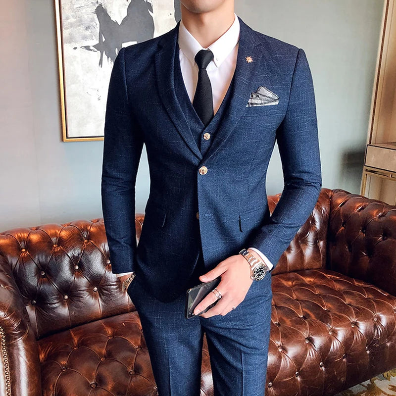 Tuxedo for Mens:Groom Wedding Dress Dark Plaid Classic Retro Men's Formal
