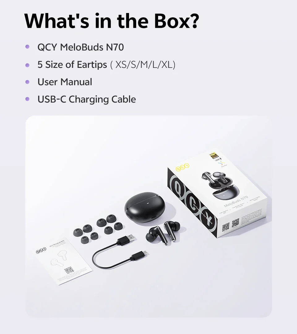 QCY MeloBuds N70 Adaptive ANC Wireless Earbuds Bluetooth 6.0 LDAC Hi-Res Audio 6 Mics Wireless Charging Earphones 50Hrs IPX5