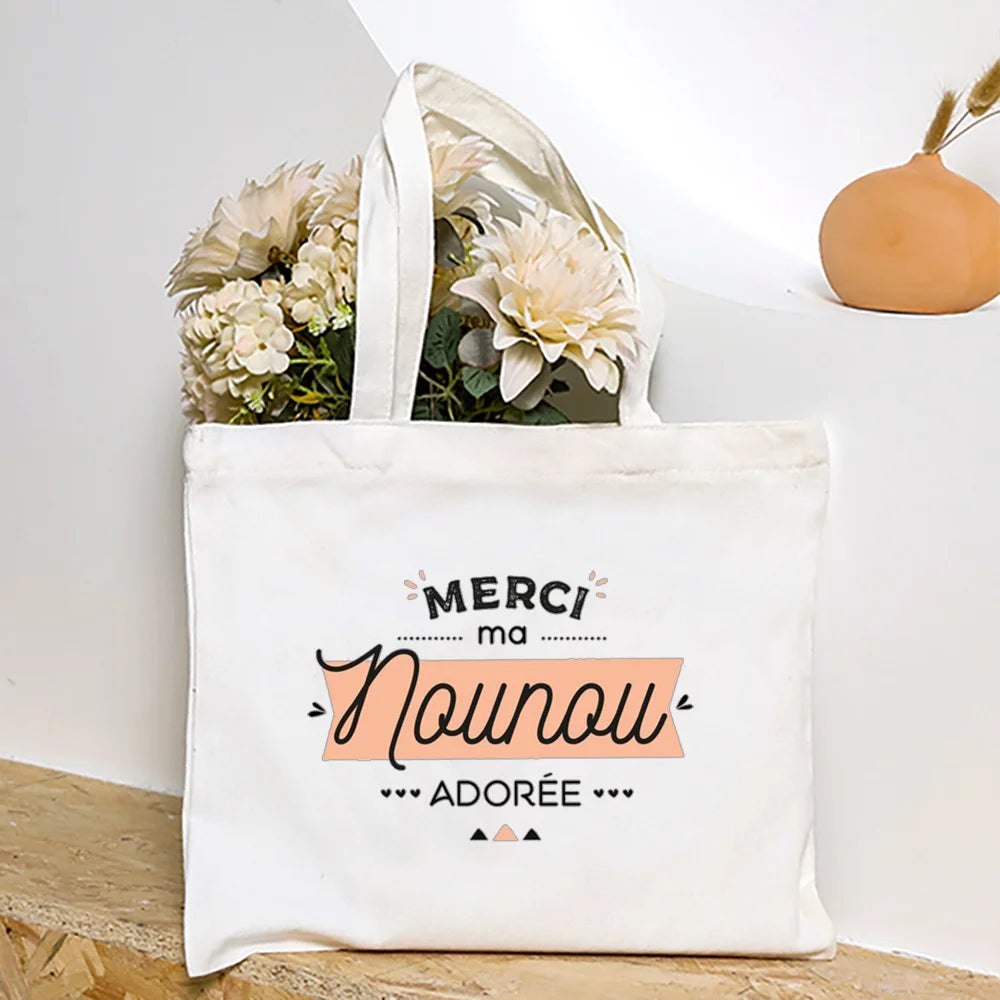 Merci Nounou French Printed Women Shoulder Bag Canvas Tote Bag Female