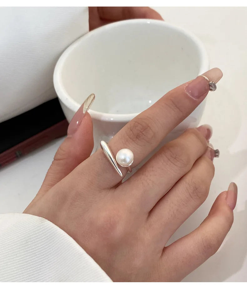 925 Sterling Silver Round Pearl Ring Wedding Adjustable Rings For Women Jewelry