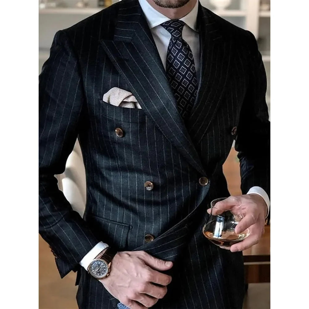 Tuxedo for Mens: Black Striped Men Suits Double Breasted Peak Lapel Mens Blazer