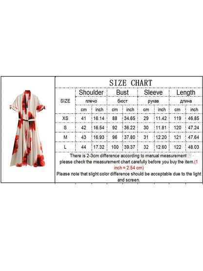 TRAF Fashion Women Printed Mid-Calf Dress With Belt 2024 Spring Ladies V-neck Party Dress Vintage Casual Beach Style Dress