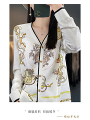 Spring And Autumn Wool Coat Jacket Women's Long Sleeve Wide V-Neck Printed