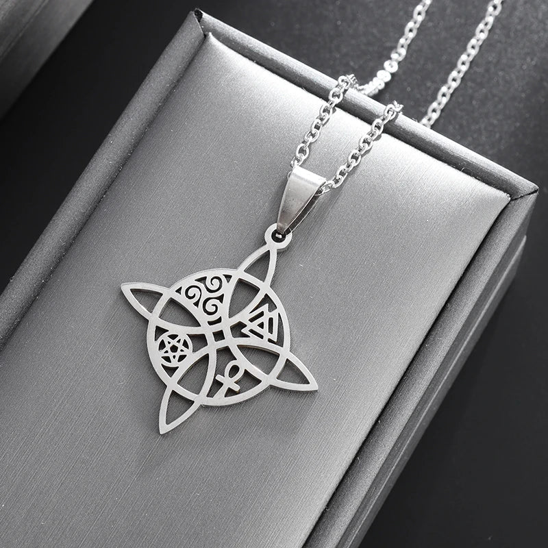 Witchcraft Witch Knot Necklace Irish Trinity Knot Triple Spiral Pendant Stainless Steel Ankh Cross Pentagram Amulet Jewelry