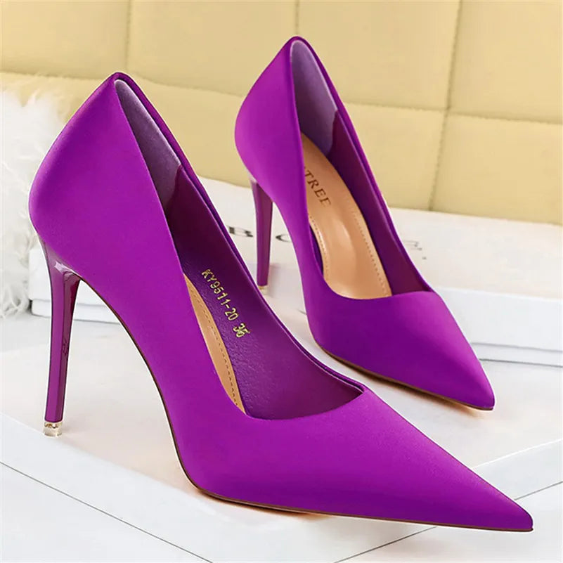 Women 7.5cm 10.5cm High Heels Scarpins Silk Pumps Lady Green Purple Red Fetish Wedding Bridal Mid Low Heels Evening Party Shoes