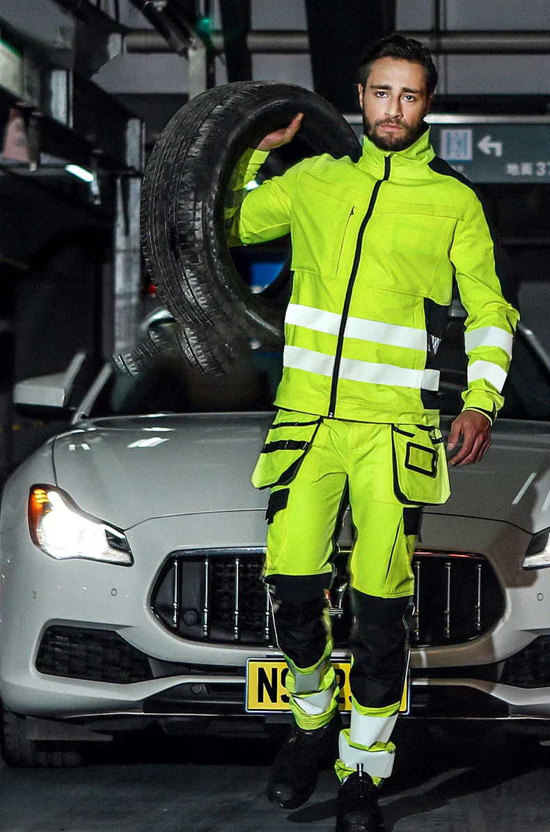 Men's Workwear Suit Work Suit Fluorescent Yellow Work Jacket and Pants Set with Multi Pockets Work Wear