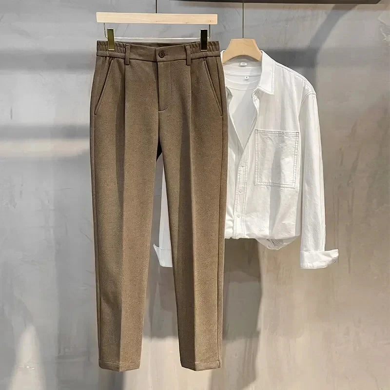 Autumn Winter Men's Woolen Suit Pants Formal Business Office Slim Straight Elastic