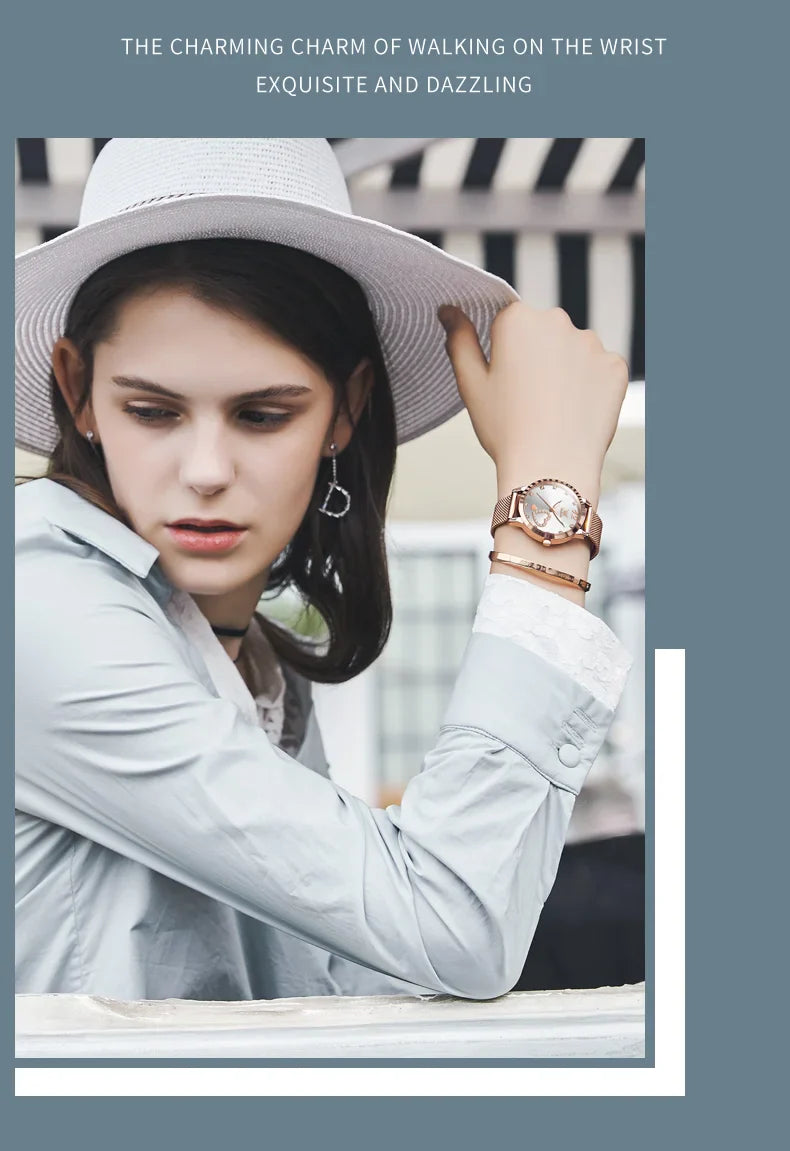 OLEVS 5189 Women's Watch Quartz Wristwatch Casual Fashion Watch for Ladies Waterproof Luminous Mesh Belt Love Dial Zircon Scale