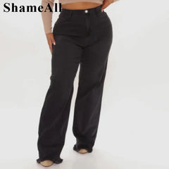 Plus Size Black Gray Loose Wide Leg Jeans Mom 4XL Women Boyfriend  Pants