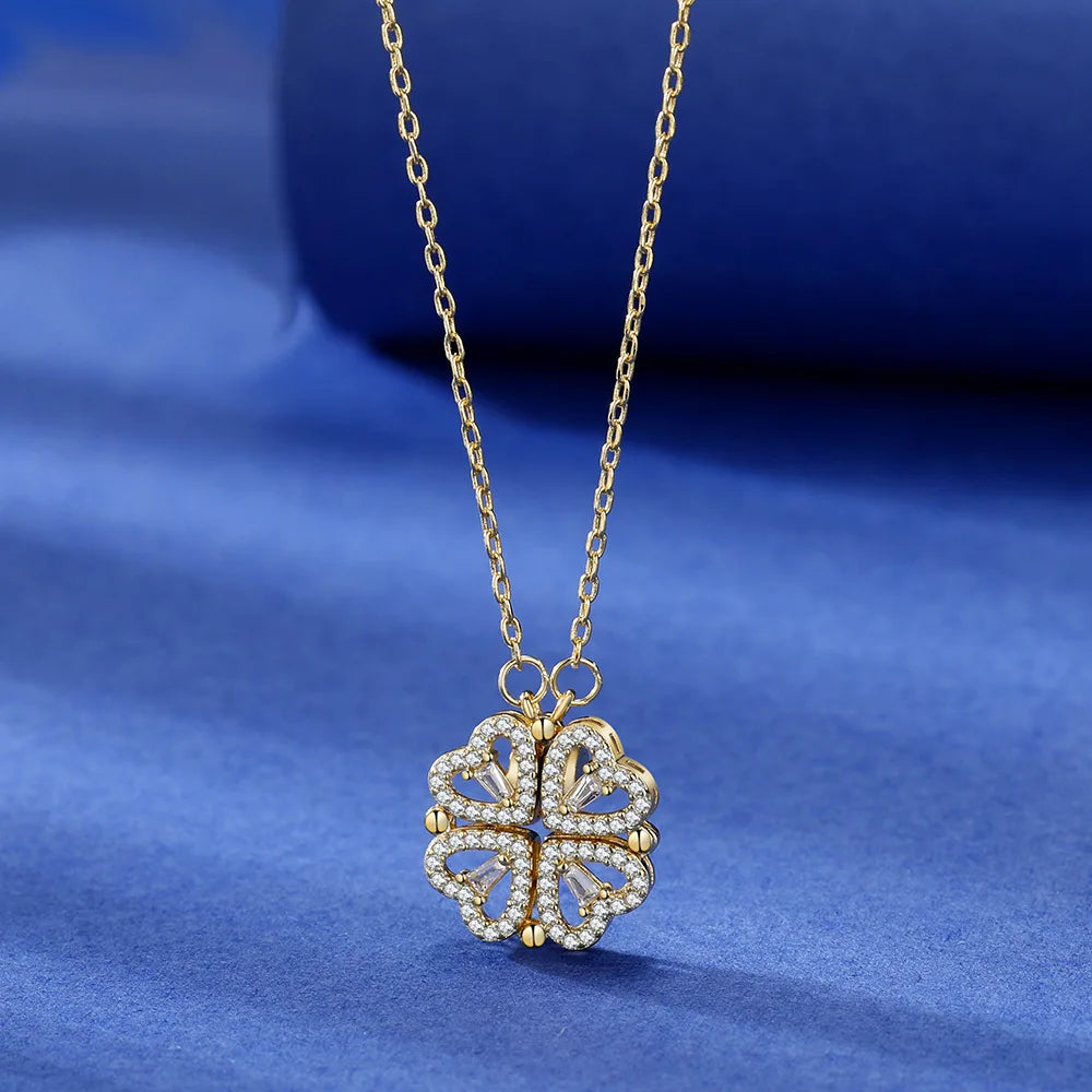 CARLIDANA Transform Luxury Four Leaf Clover Pendant Necklace  Stainless Steel Crystal Gold Color Heart Jewelry for Women Gift