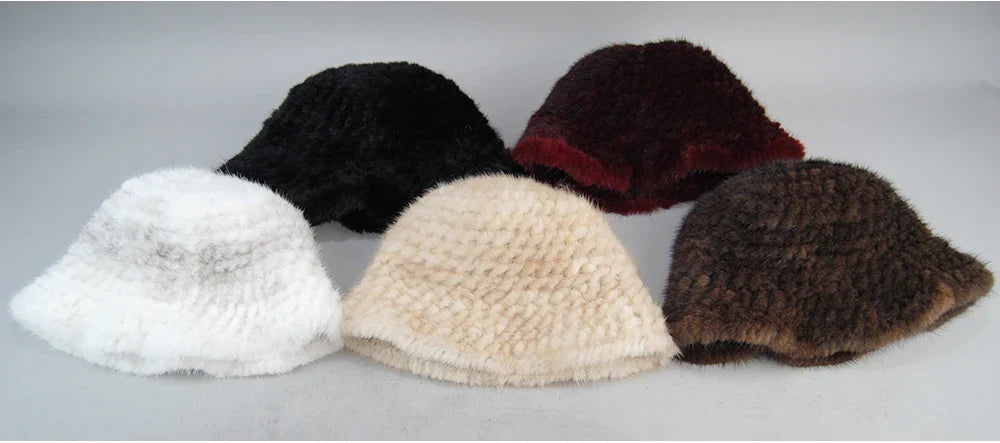 Woman Hat Winter Solid Mink Caps With Flower Natural Mink Fur Hats New Russian Girl Soft Knitting Real Fur Bucket Hats 2026 Warm