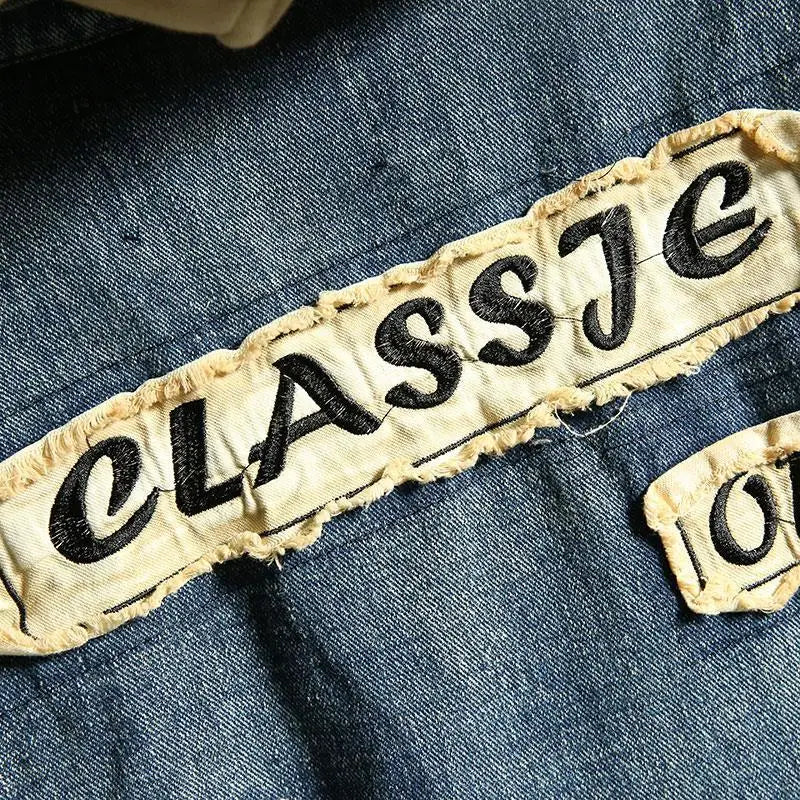 Men's Denim Jacket Patch Vintage Blue Male Jean Coats Ripped with Hole