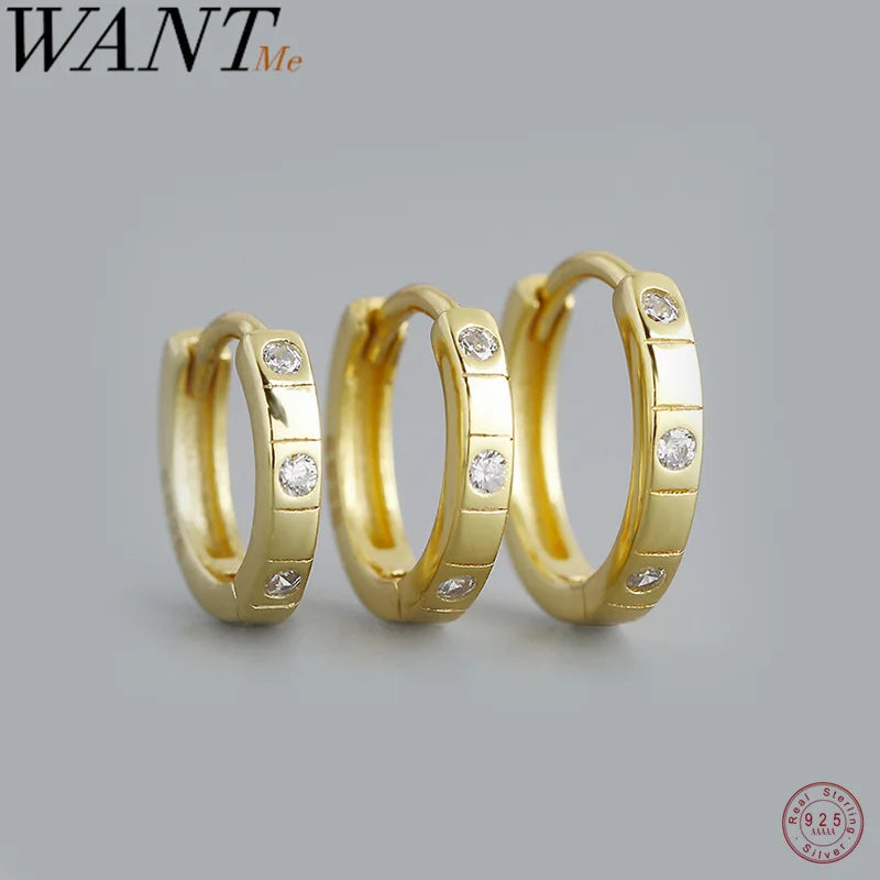 WANTME 925 Sterling Silver Simple Stripes Shiny Zircon Huggies Hoops Earrings for Women Fashion Unisex Punk Jewelry Ear Buckle