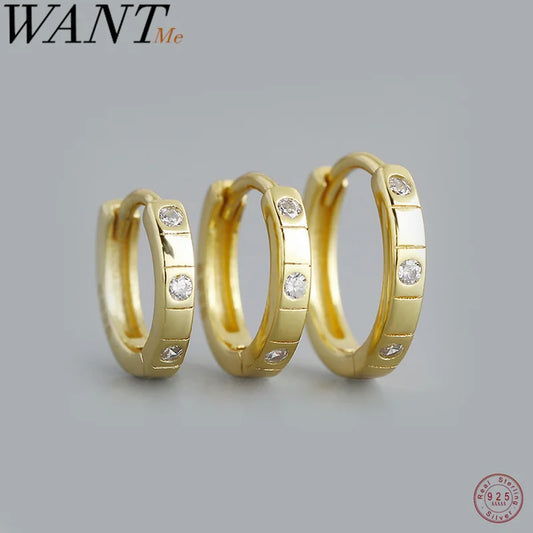 WANTME 925 Sterling Silver Simple Stripes Shiny Zircon Huggies Hoops Earrings for Women Fashion Unisex Punk Jewelry Ear Buckle