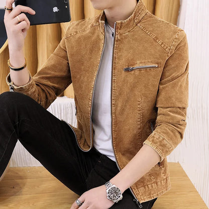 Autumn Men Stand Collar Denim Jacket Fashion Retro Motorcycle Coats