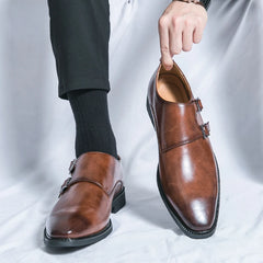 Luxury Monk Leather Men Shoes Buckle Pointed Slip On Loafers Dress Shoes