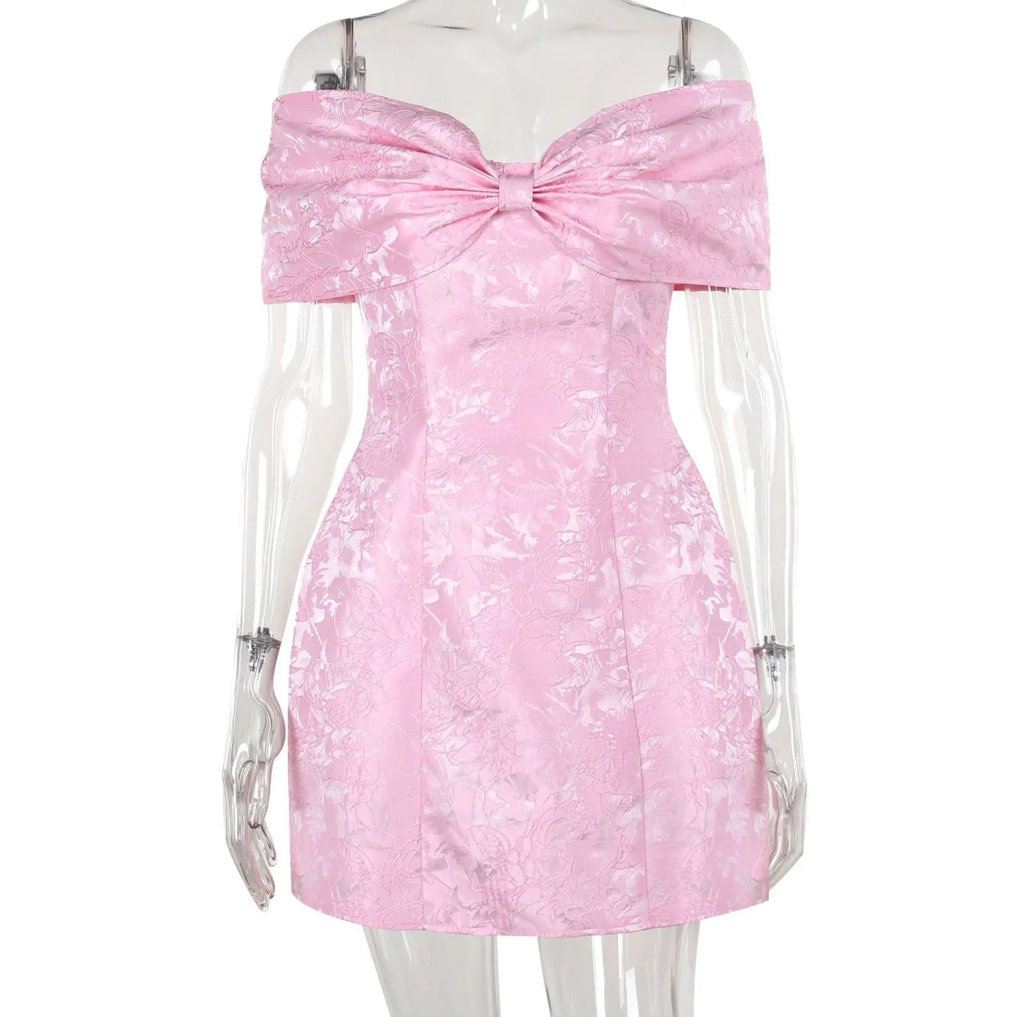 Fashionable And Sweet Slim Fit Jacquard Strapless Tie Bow One Shoulder Short Skirt American Sexy Temperament Solid Color Dresses