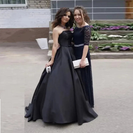 Evening wear Dresses: Prom Dresses Strapless A-line Black Evening Party Dresses