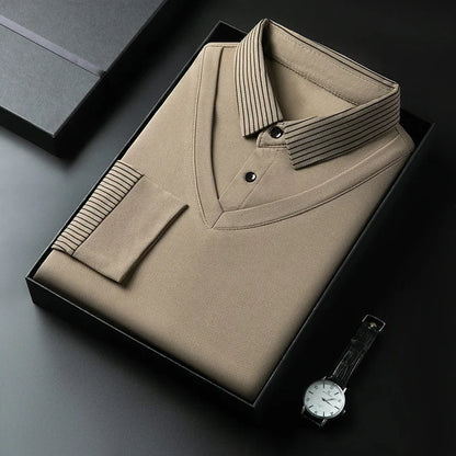 2025 New Men's Casual and Fashionable Long Sleeved Solid Color Fake Two-piece Polo Shirt Business All Season Versatile Top