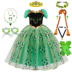 Green Anna Dress Summer Birthday Party Costume Child Princess Party Gown Kids