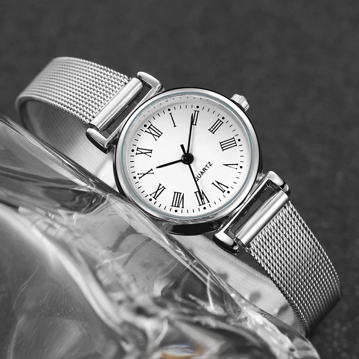 2PCS Fashion Women Quartz Watch Steel Mesh Band Watches Opening Cuff Bracelet Bangle Set（Without Box）