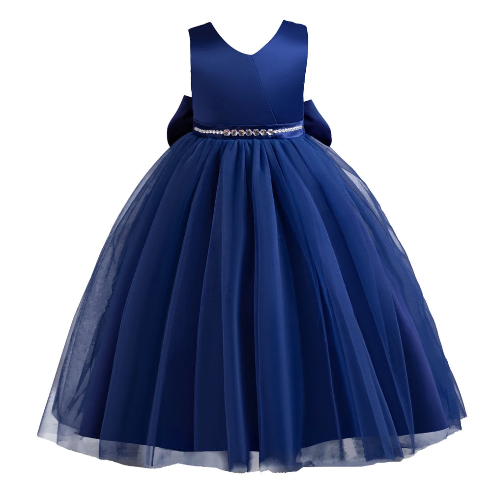 Sleeveless Big Bow Solid Princess Dress Piano Performance Dress Holiday Party Host Dress Flower Girl Wedding Evening Dress