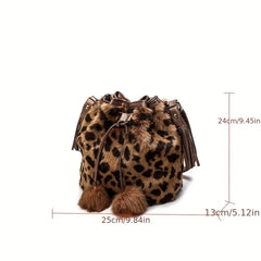 Plush Leopard Print Bucket Bag Fashionable Drawstring Crossbody Bag