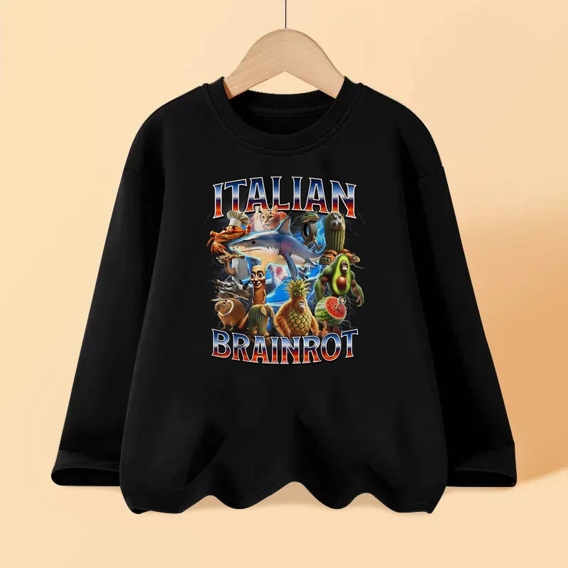 Italian Brainrot Long Sleeve T-shirt for Children Spring and Autumn Cotton Shirt for Boys Girls Cartoon Tops 3-14T