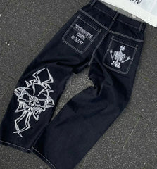 Harajuku Y2K men jeans vintage goth  Skull Embroidery Washed wide leg jeans streetwear