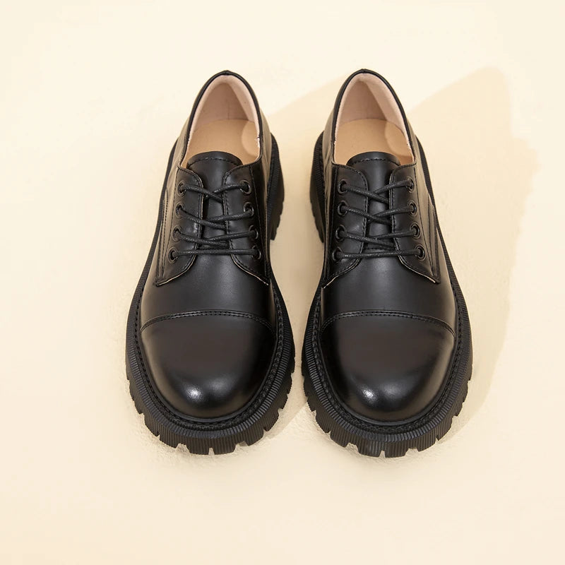 Women Loafers Shoes Genuine Leather Thick Heels Student Shoes Female
