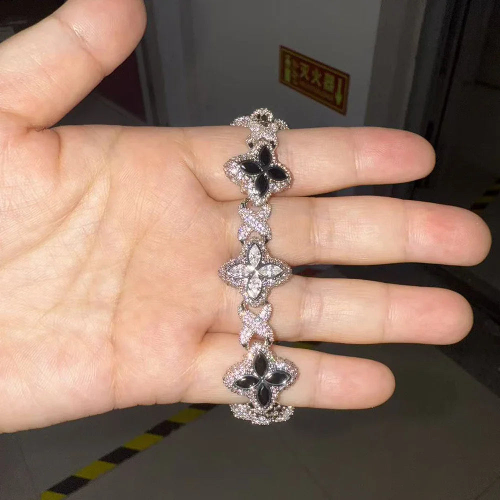 UWIN Iced Baby Blue Baguettecz Floral Infinity Bracelets for Women Men Cubic Zirconia Cuban Link Chain Anklets Fashion Jewelry