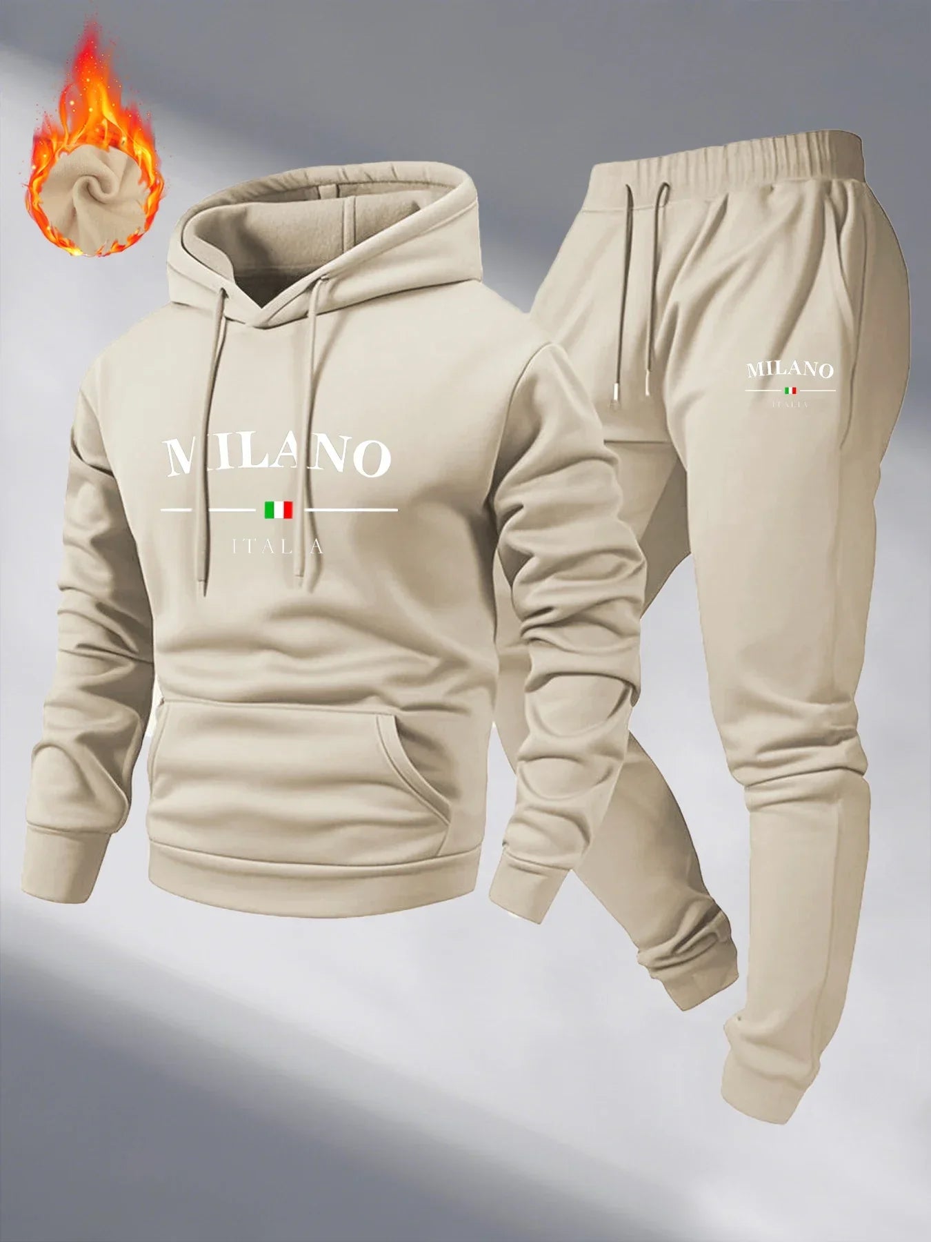 Men's Fleece Warm Hoodies Sets MILANO Printing Tracksuit Hooded Sweatshirt + Drawstring Pants Sportswear Two-piece suit