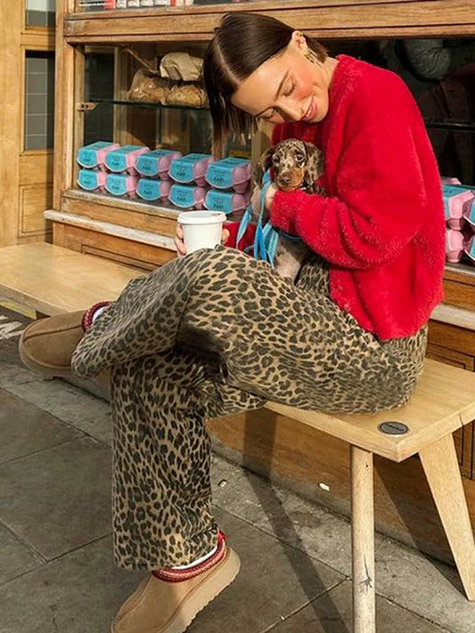 Vintage Leopard Print Women Trousers Loose High Waist Zipper Lady  Wide Leg Pant