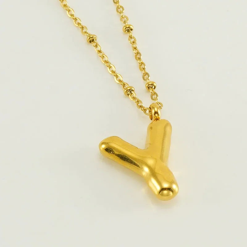 Vintage Stainless Steel Balloon Bubble Chunky Letter Necklace for Women 18K Gold