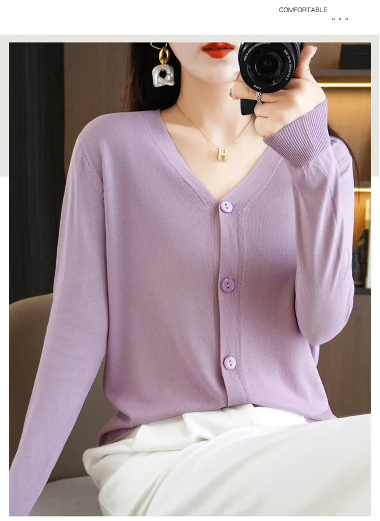Summer Korean Version Thin Solid V-Neck Ice Silk Knitted Long Sleeve