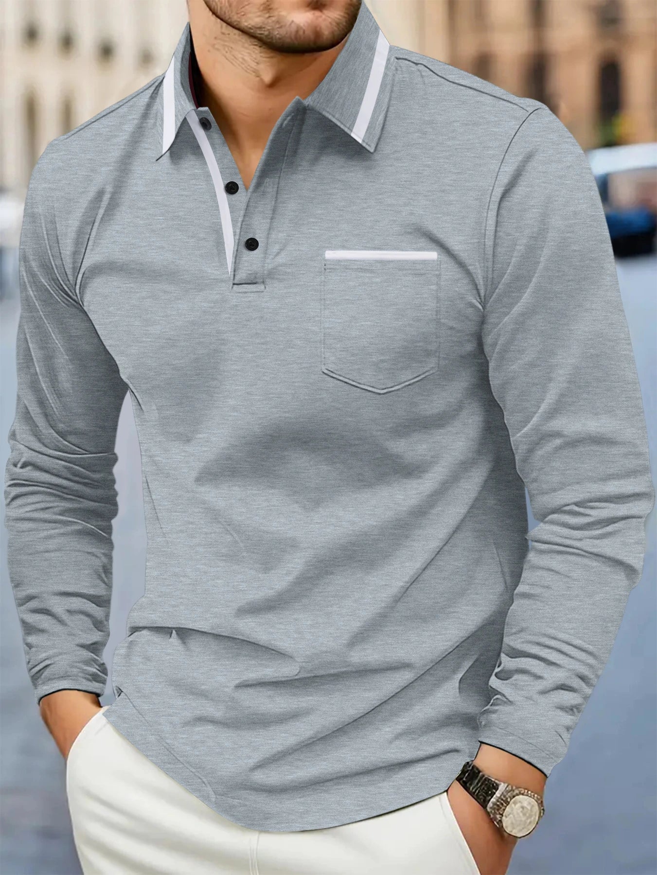 Spring and fall best-selling fashion golf men's lapel pocket comfortable casual sports solid color long sleeve breathable top