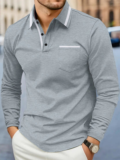 Spring and fall best-selling fashion golf men's lapel pocket comfortable casual sports solid color long sleeve breathable top